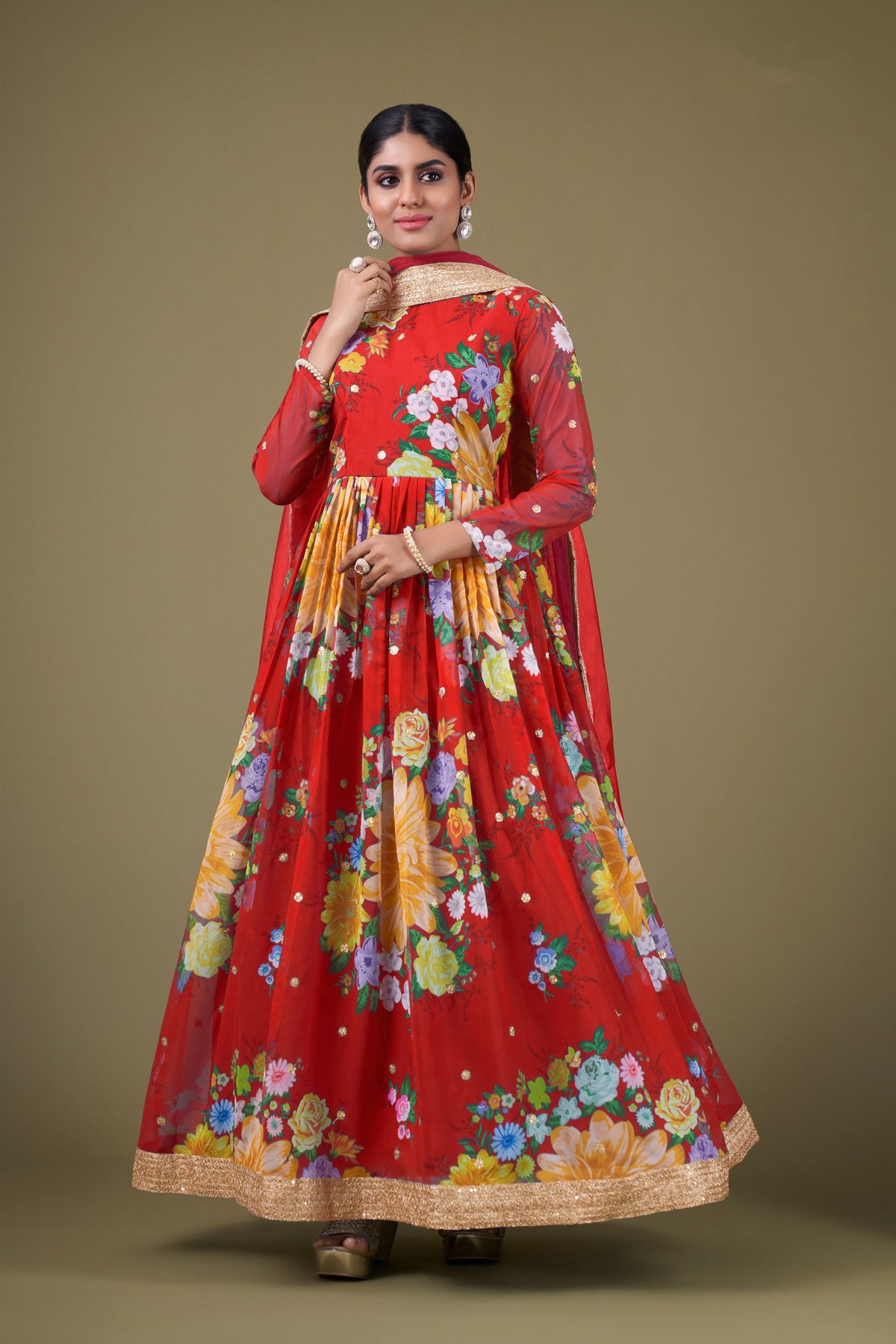 Digital Printed Red Color Inventive Anarkali Suit In Georgette Fabric