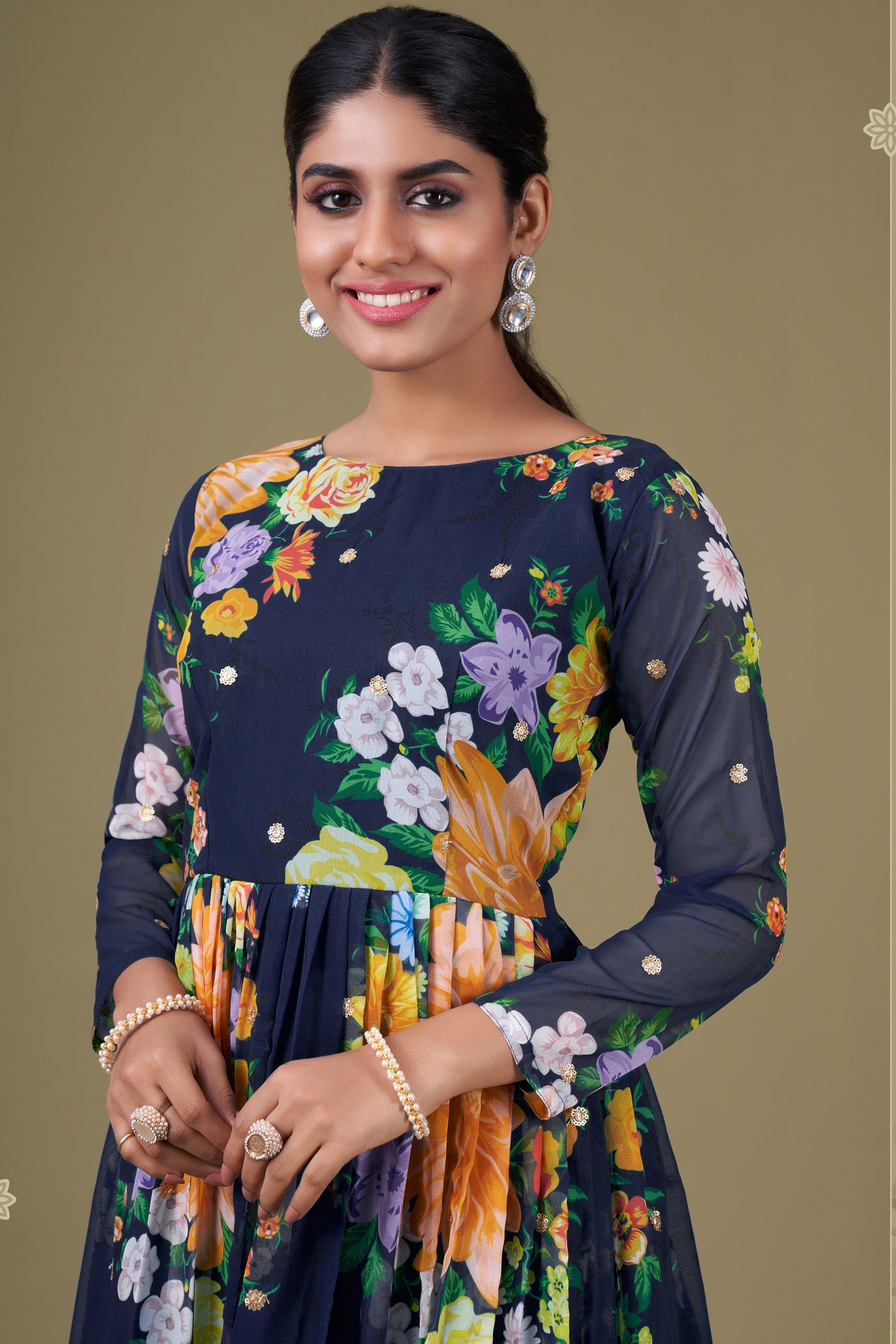 Navy Blue Color Georgette Fabric Alluring Digital Printed Anarkali Suit