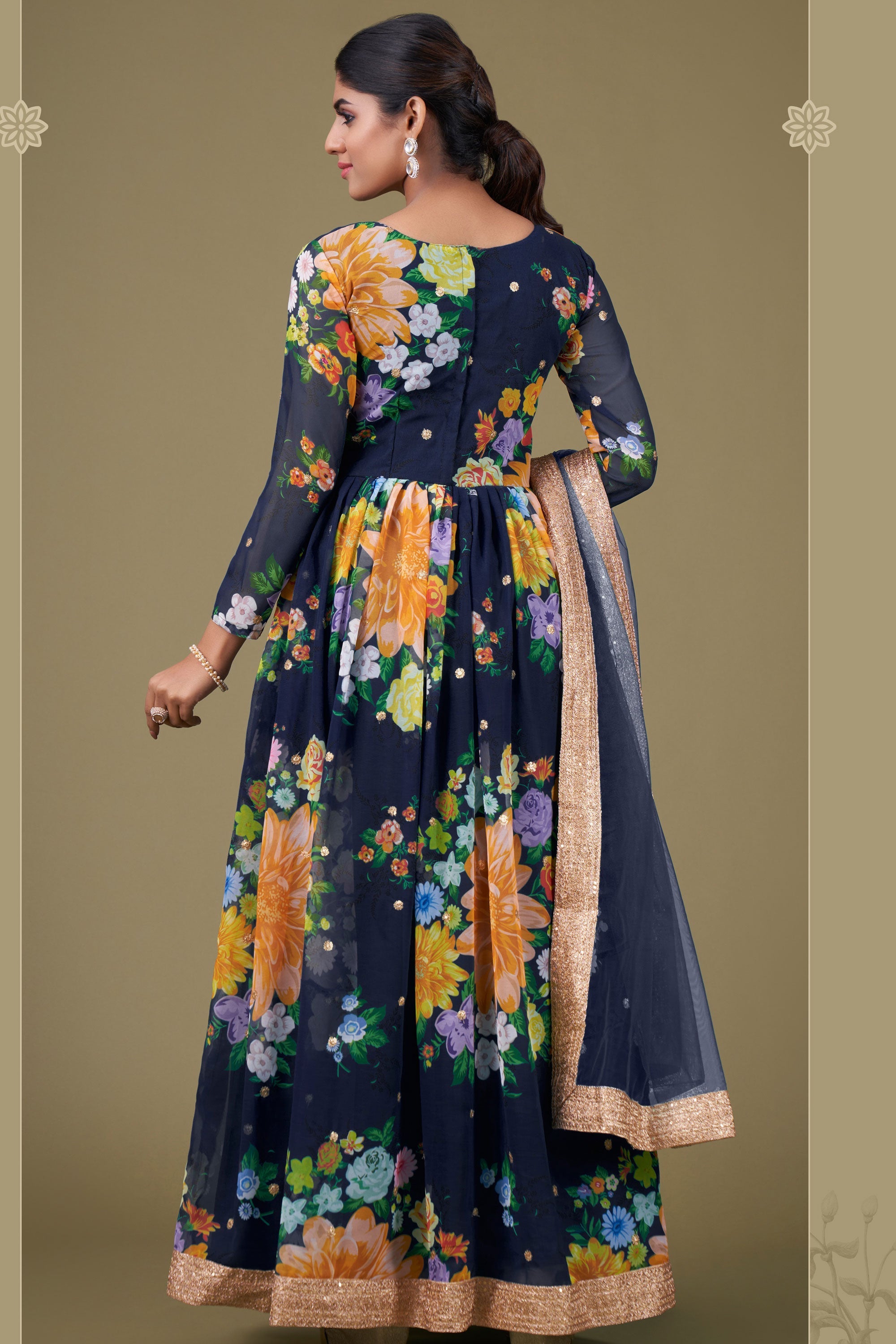 Navy Blue Color Georgette Fabric Alluring Digital Printed Anarkali Suit