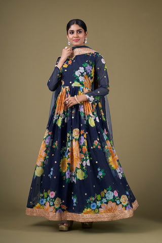 Navy Blue Color Georgette Fabric Alluring Digital Printed Anarkali Suit