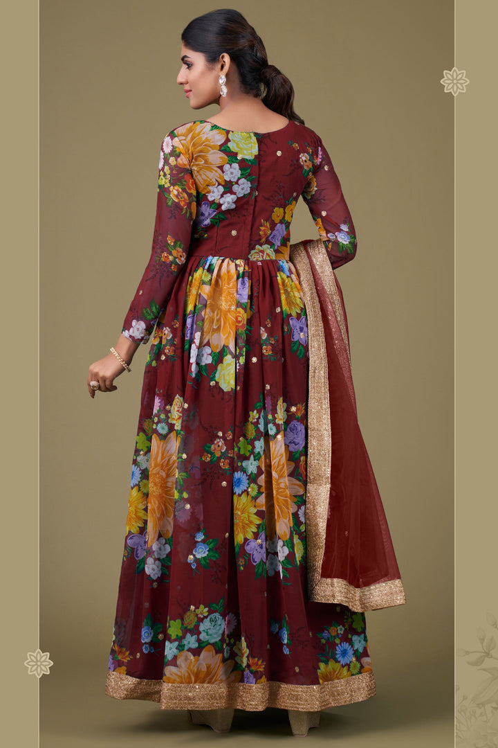 Georgette Fabric Maroon Color Digital Printed Elegant Anarkali Suit