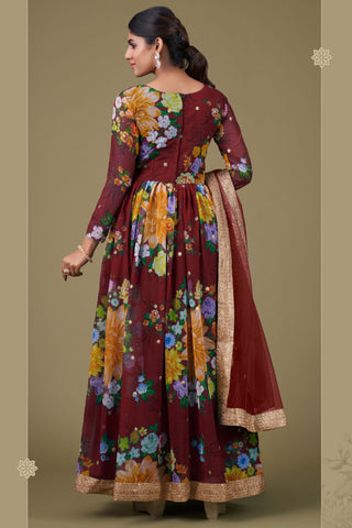 Georgette Fabric Maroon Color Digital Printed Elegant Anarkali Suit