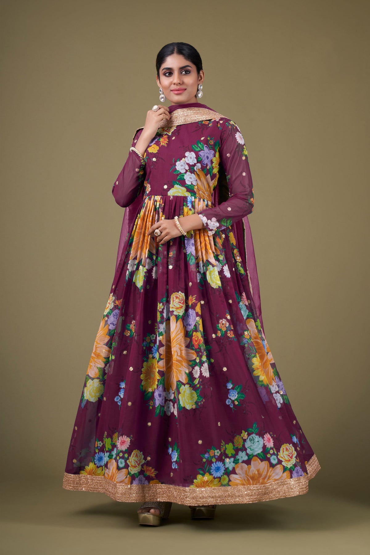 Wine Color Georgette Fabric Digital Printed Classic Anarkali Suit