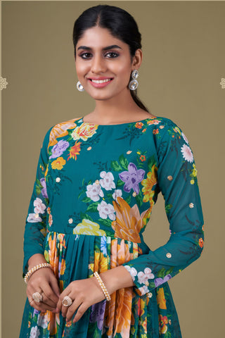 Georgette Fabric Digital Printed Lovely Anarkali Suit In Teal Color