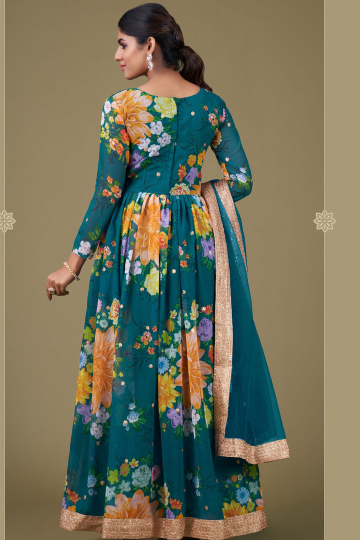 Georgette Fabric Digital Printed Lovely Anarkali Suit In Teal Color