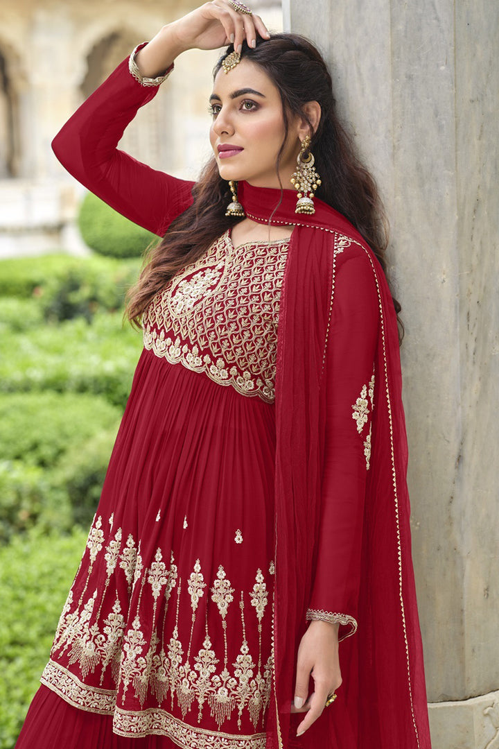 Georgette Fabric Function Wear Embroidered Sharara Suit In Red Color