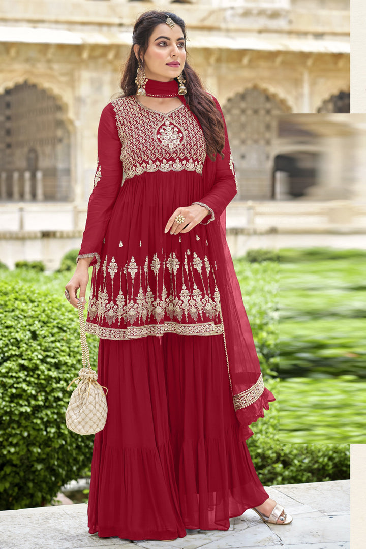 Georgette Fabric Function Wear Embroidered Sharara Suit In Red Color