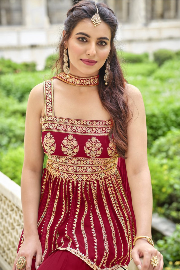 Party Wear Georgette Fabric Red Color Embroidered Sharara Suit