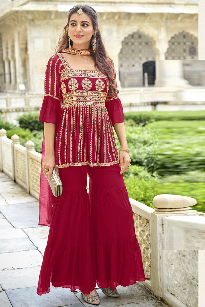 Party Wear Georgette Fabric Red Color Embroidered Sharara Suit