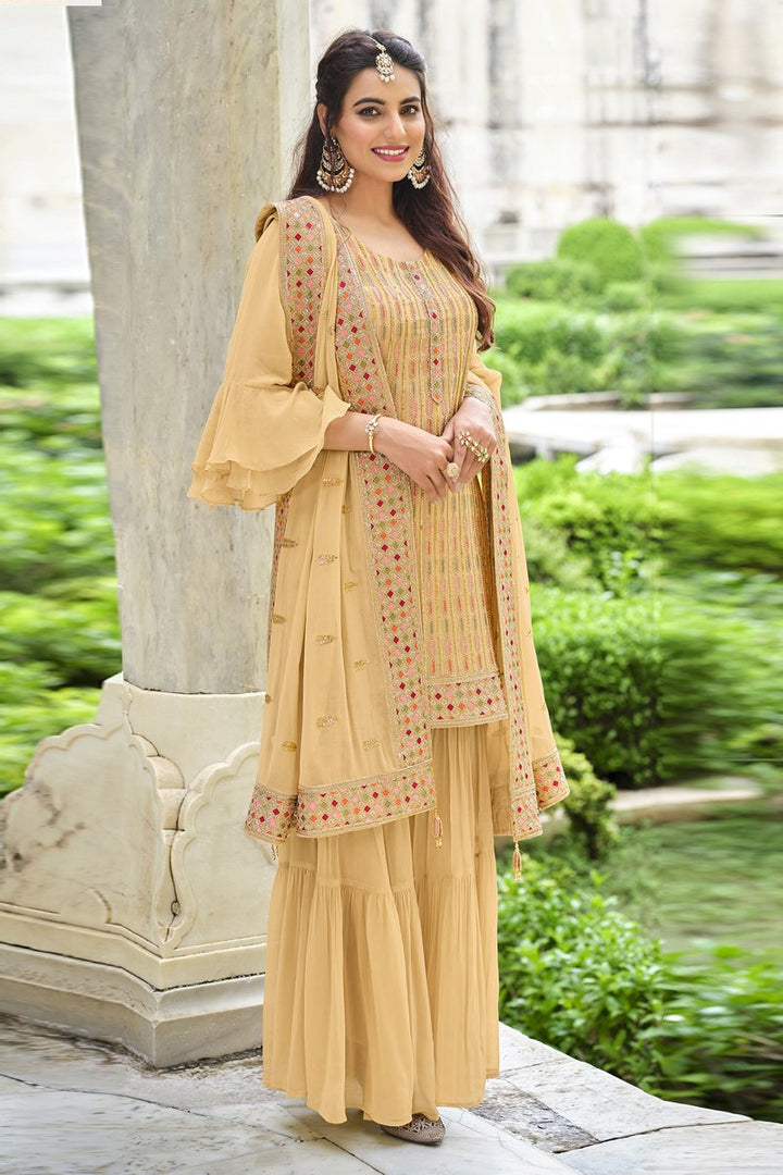 Beige Color Function Wear Embroidered Trendy Georgette Fabric Sharara Dress