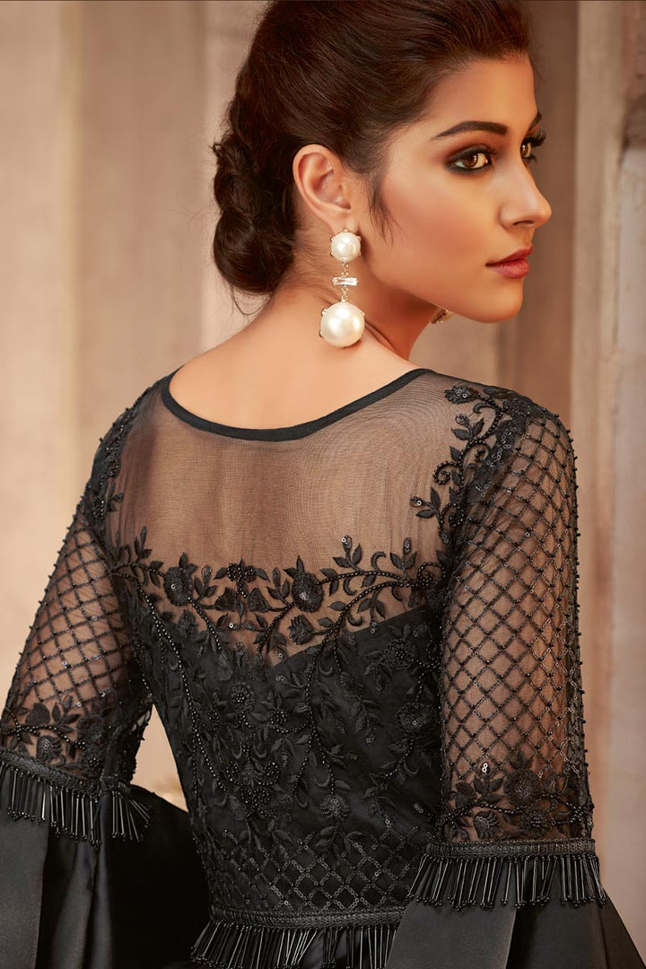 Function Wear Georgette Fancy Embroidered Floor Length Gown In Black