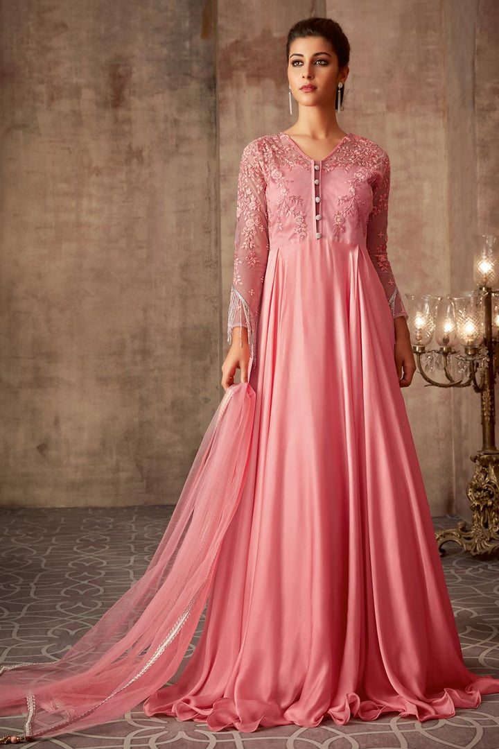 Function Wear Floor Length Pink Fancy Embroidered Gown In Georgette