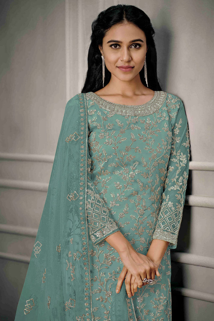 Sea Green Color Patterned Net Fabric Salwar Suit With Sequins Work