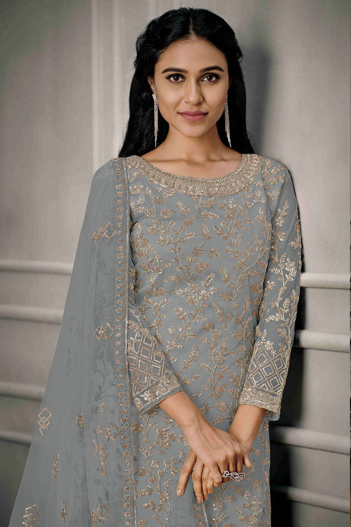 Trendy Net Fabric Salwar Suit With Sequins Work In Grey Color | Buy Online India