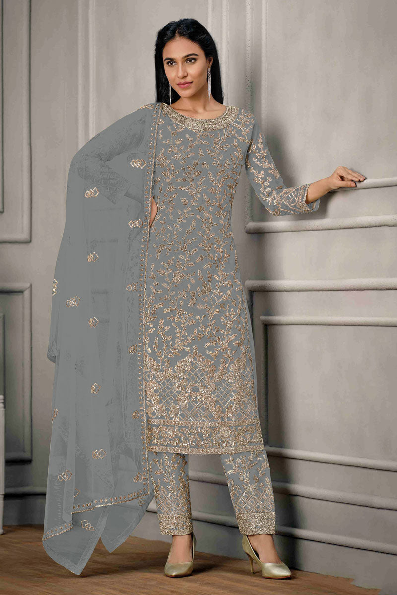 Trendy Net Fabric Salwar Suit With Sequins Work In Grey Color | Buy Online India