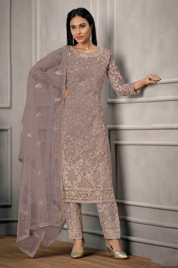 Traditional Net Fabric Lavender Color Salwar Suit With Sequins Work