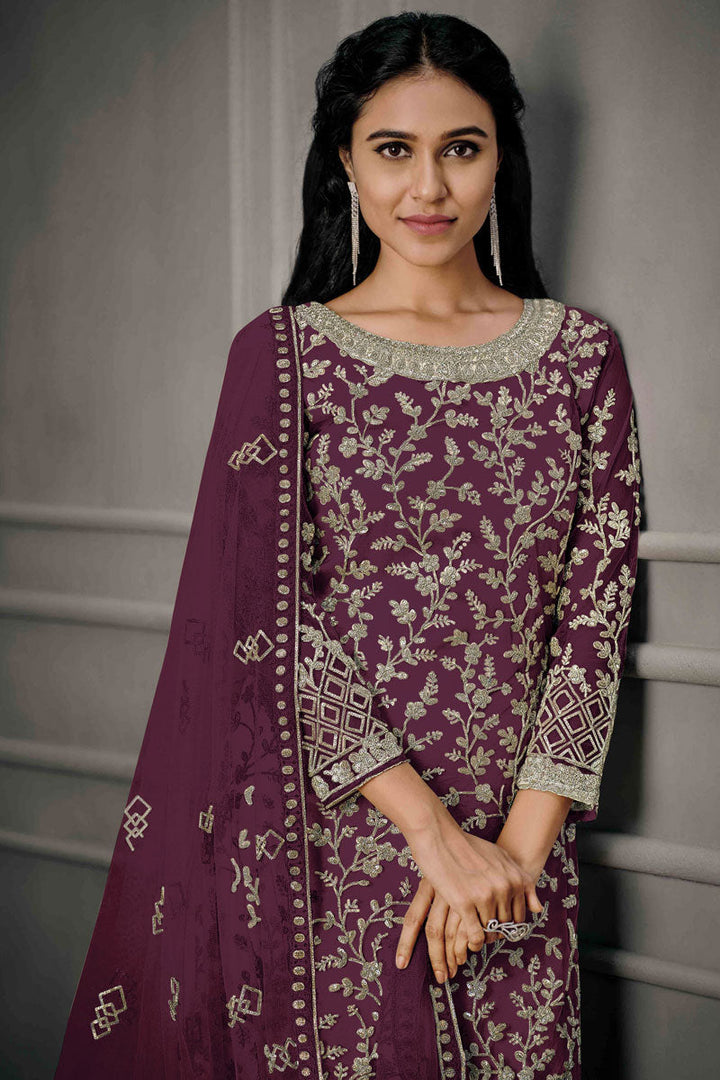 Engrossing Net Fabric Salwar Suit With Sequins Work In Purple Color