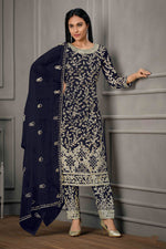 Load image into Gallery viewer, Navy Blue Color Subline Net Fabric Salwar Suit With Sequins Work
