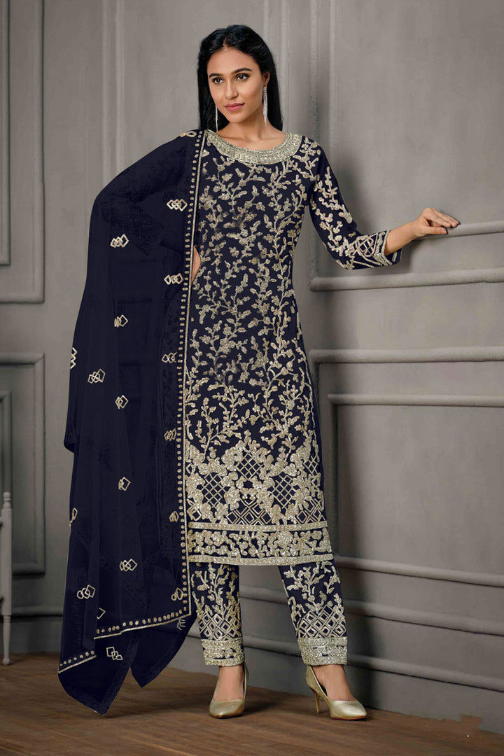 Navy Blue Color Subline Net Fabric Salwar Suit With Sequins Work