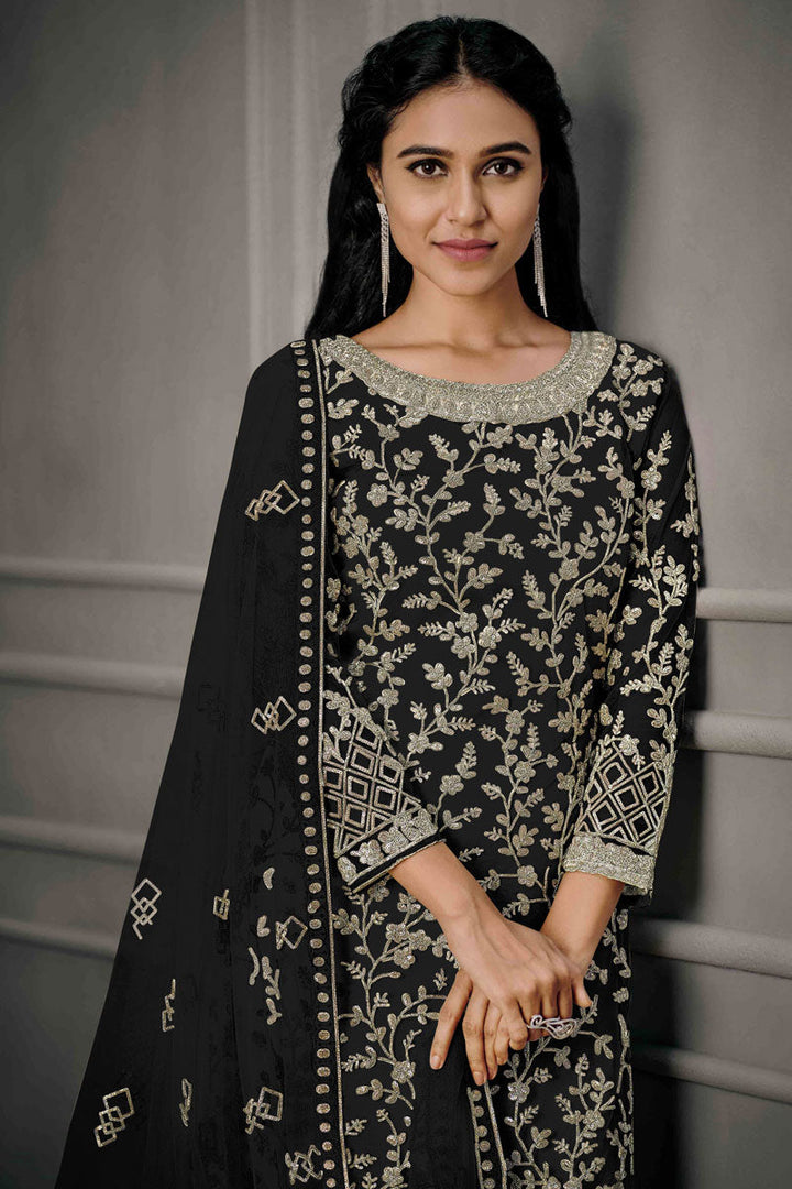 Black Color Enchanting Net Fabric Salwar Suit With Sequins Work
