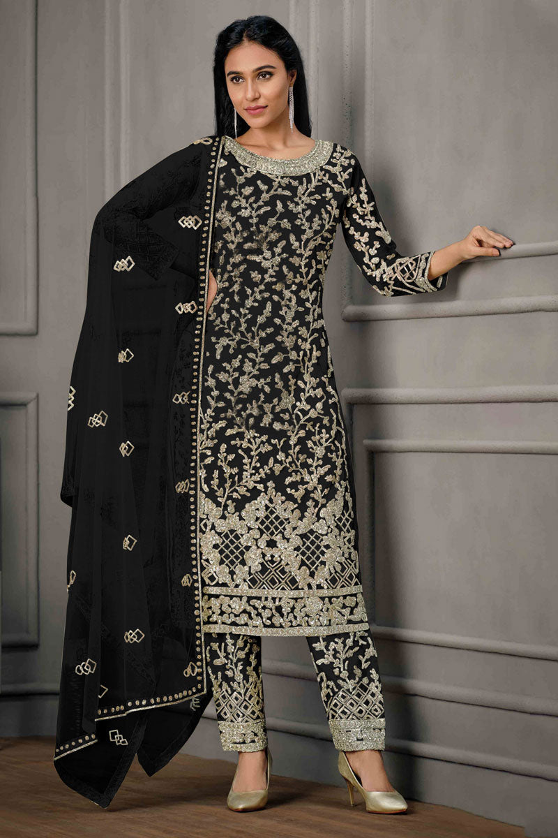 Black Color Enchanting Net Fabric Salwar Suit With Sequins Work