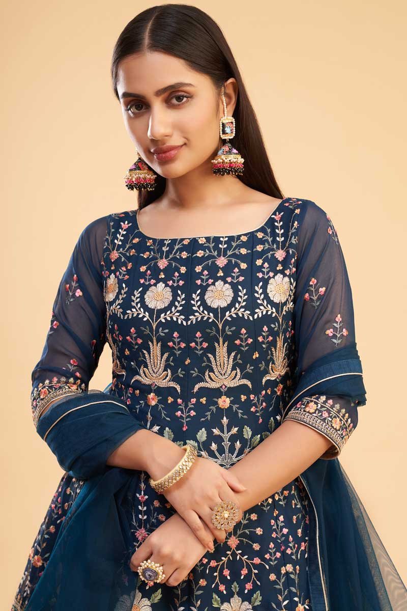 Georgette Fabric Festival Wear Navy Blue Color Exquisite Embroidered Work Salwar Suit