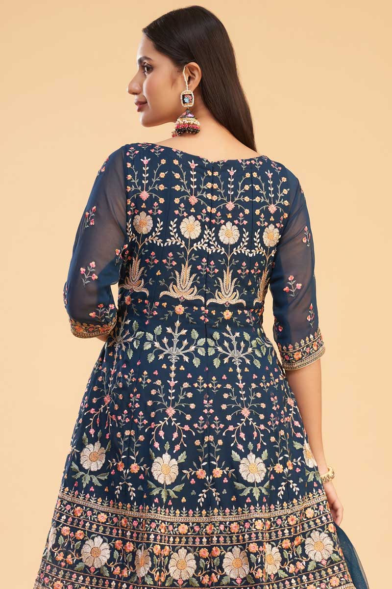 Georgette Fabric Festival Wear Navy Blue Color Exquisite Embroidered Work Salwar Suit