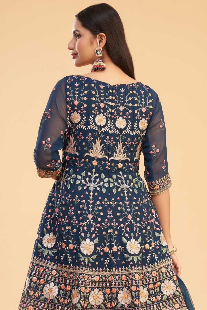 Georgette Fabric Festival Wear Navy Blue Color Exquisite Embroidered Work Salwar Suit