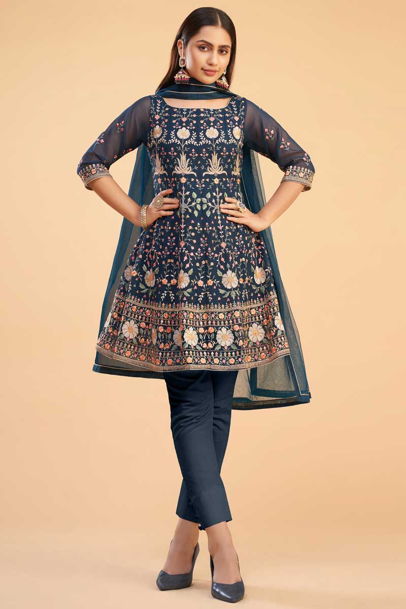 Georgette Fabric Festival Wear Navy Blue Color Exquisite Embroidered Work Salwar Suit