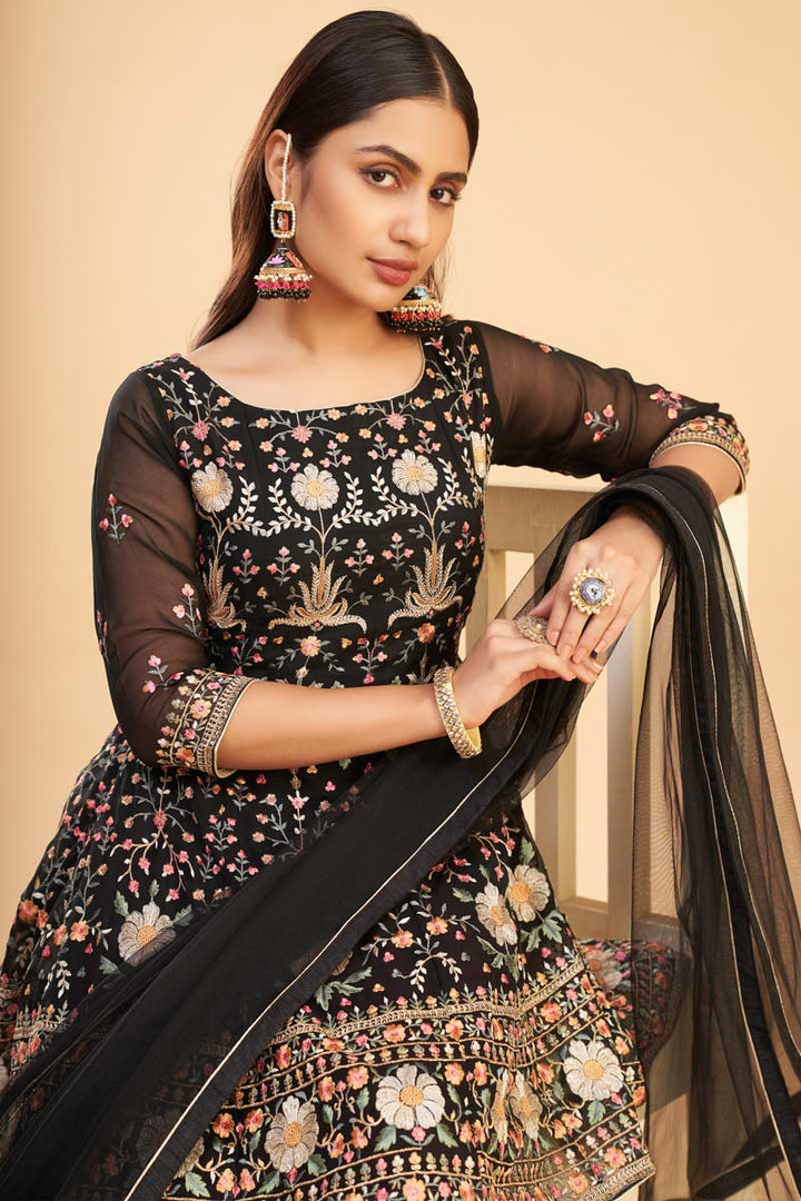 luminous Georgette Fabric Festival Wear Embroidered Work Salwar Suit In Black Color