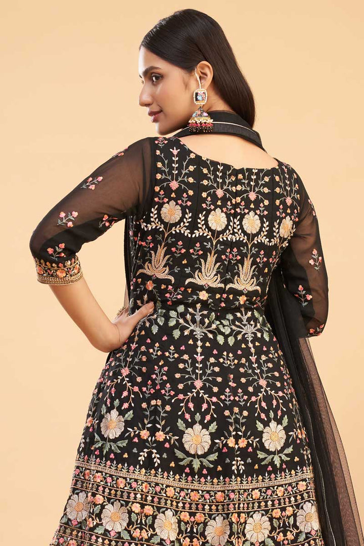 luminous Georgette Fabric Festival Wear Embroidered Work Salwar Suit In Black Color