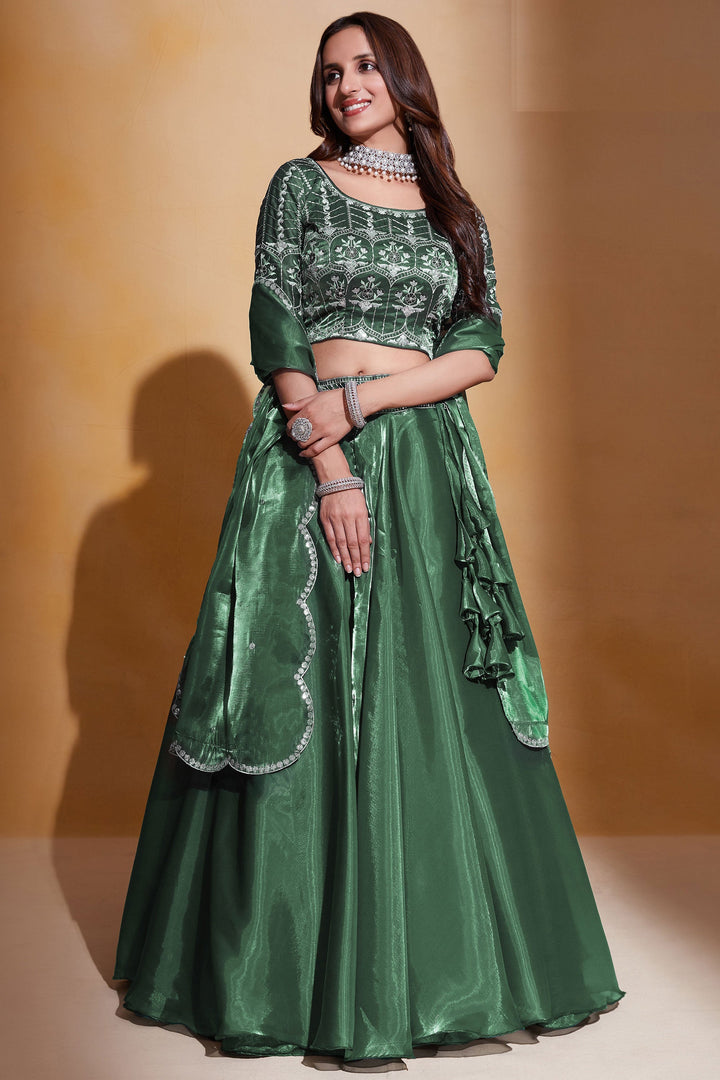 Beautiful Green Color Wedding Lehenga Choli In Organza Silk Fabric