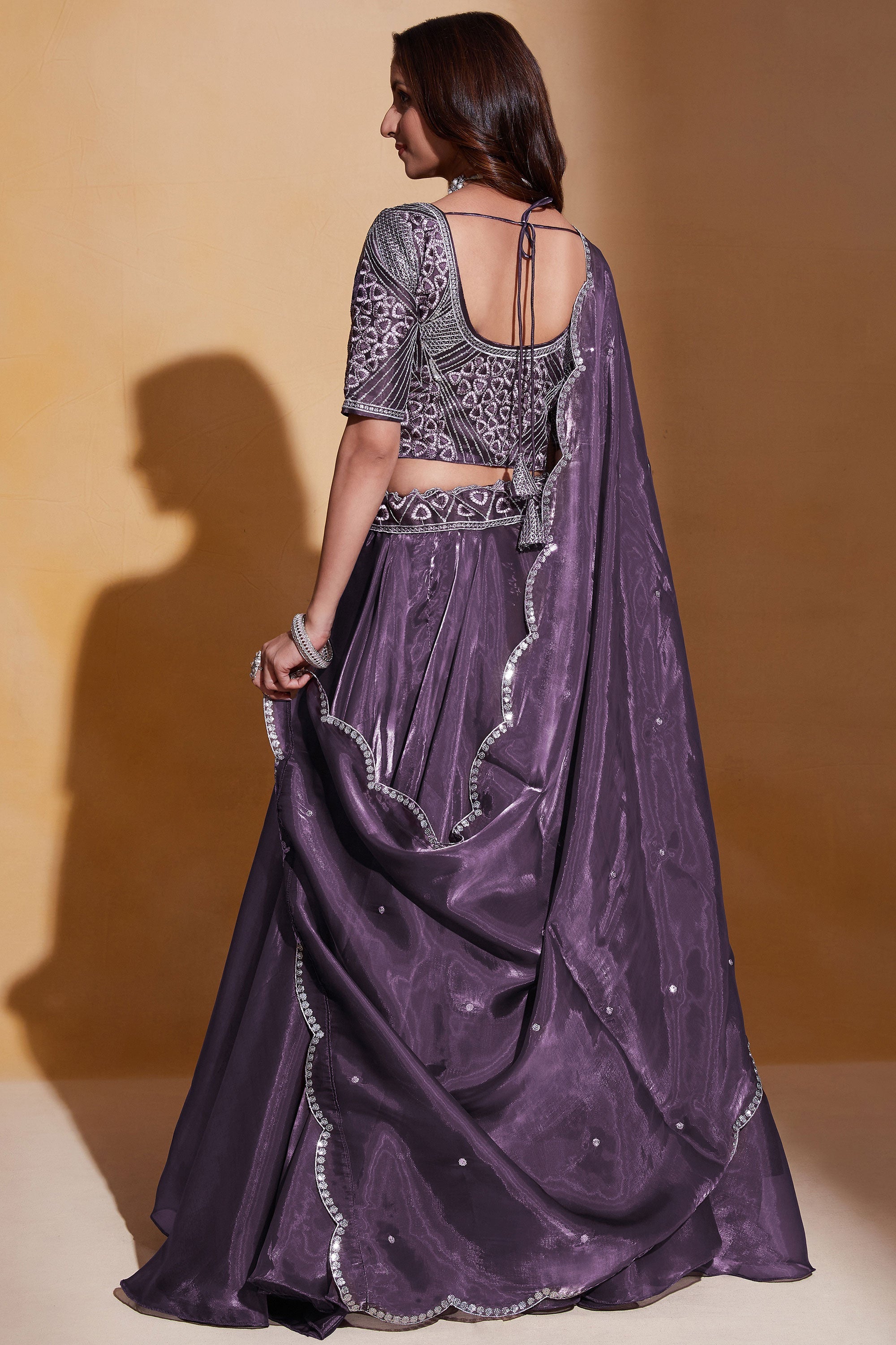 Organza Silk Fabric Purple Lehenga Choli For Wedding Function