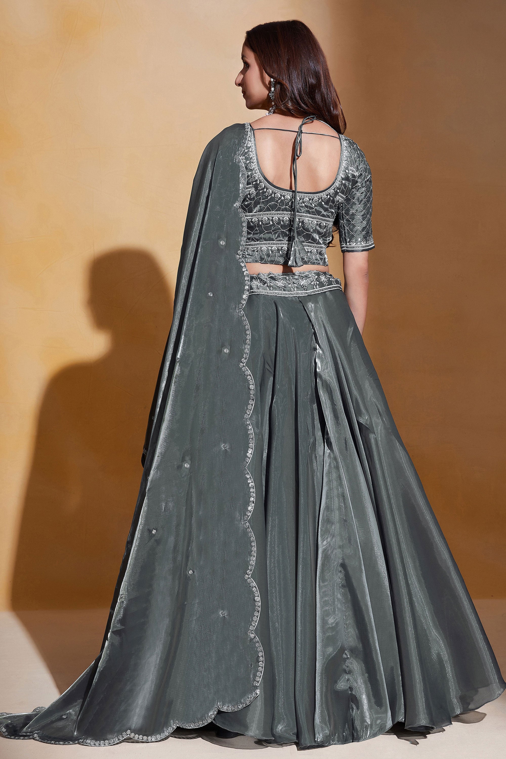 Grey Color Embroidered Organza Silk Fabric Wedding Lehenga Choli