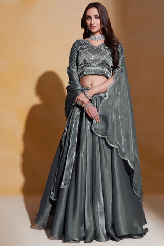 Grey Color Embroidered Organza Silk Fabric Wedding Lehenga Choli