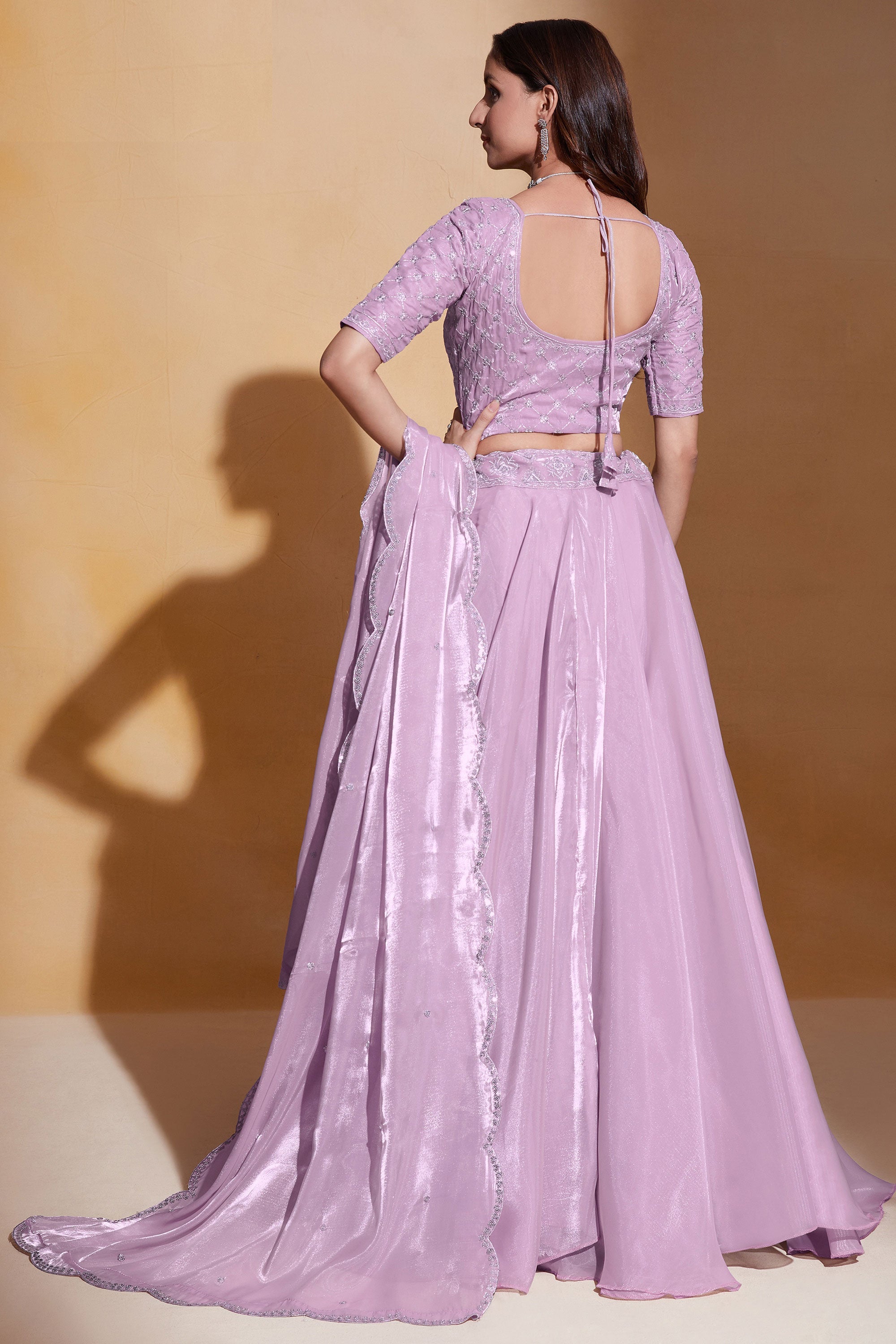 Pink Color Embroidered Sangeet Wear Lehenga Choli In Organza Silk Fabric