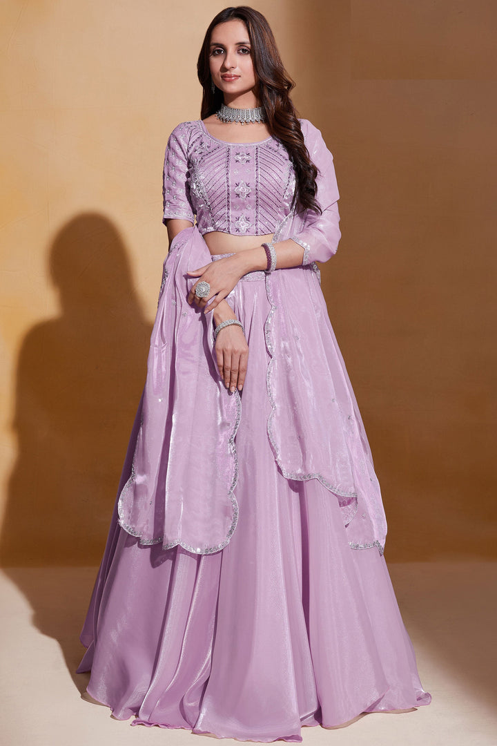 Pink Color Embroidered Sangeet Wear Lehenga Choli In Organza Silk Fabric