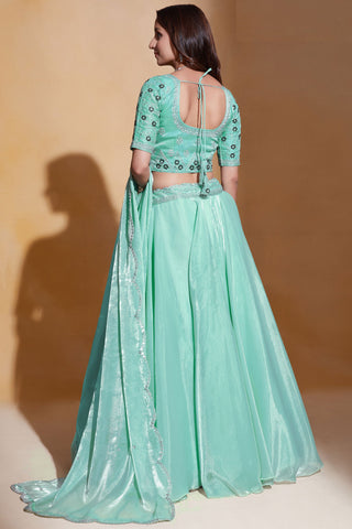 Sea Green Color Embroidered Organza Silk Fabric Designer Lehenga Choli