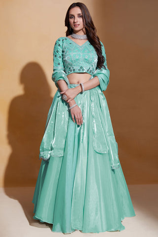 Sea Green Color Embroidered Organza Silk Fabric Designer Lehenga Choli