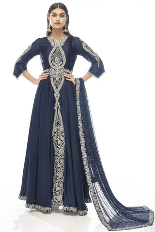 Navy Blue Color Function Wear Delicate Anarkali Suit In Satin Fabric