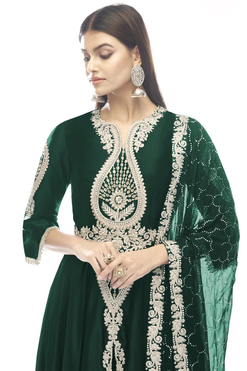 Function Wear Dark Green Color Beautiful Anarkali Suit In Satin Fabric