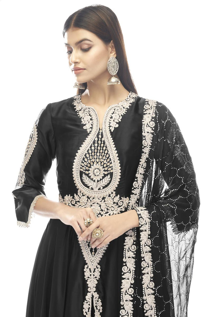 Function Wear Satin Fabric Anarkali Suit In Dazzling Black Color