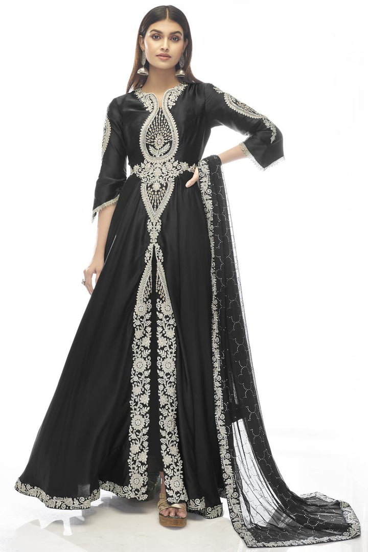 Function Wear Satin Fabric Anarkali Suit In Dazzling Black Color