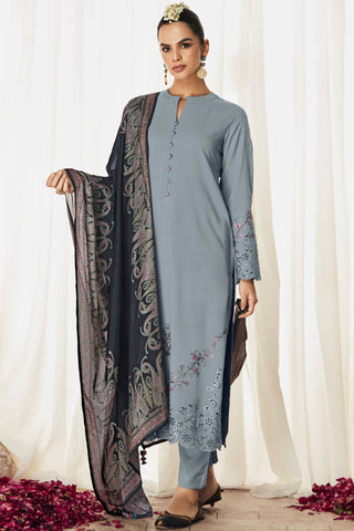 Grey Color Festive Wear Embroidered Long Straight Cut Salwar Suit In Art Silk Fabric