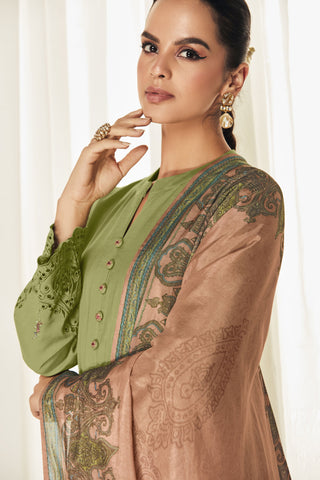 Green Color Embroidered Long Straight Cut Suit In Art Silk Fabric