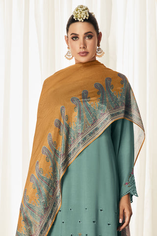 Cyan Embroidered Function Wear Art Silk Fabric Long Straight Cut Salwar Suit