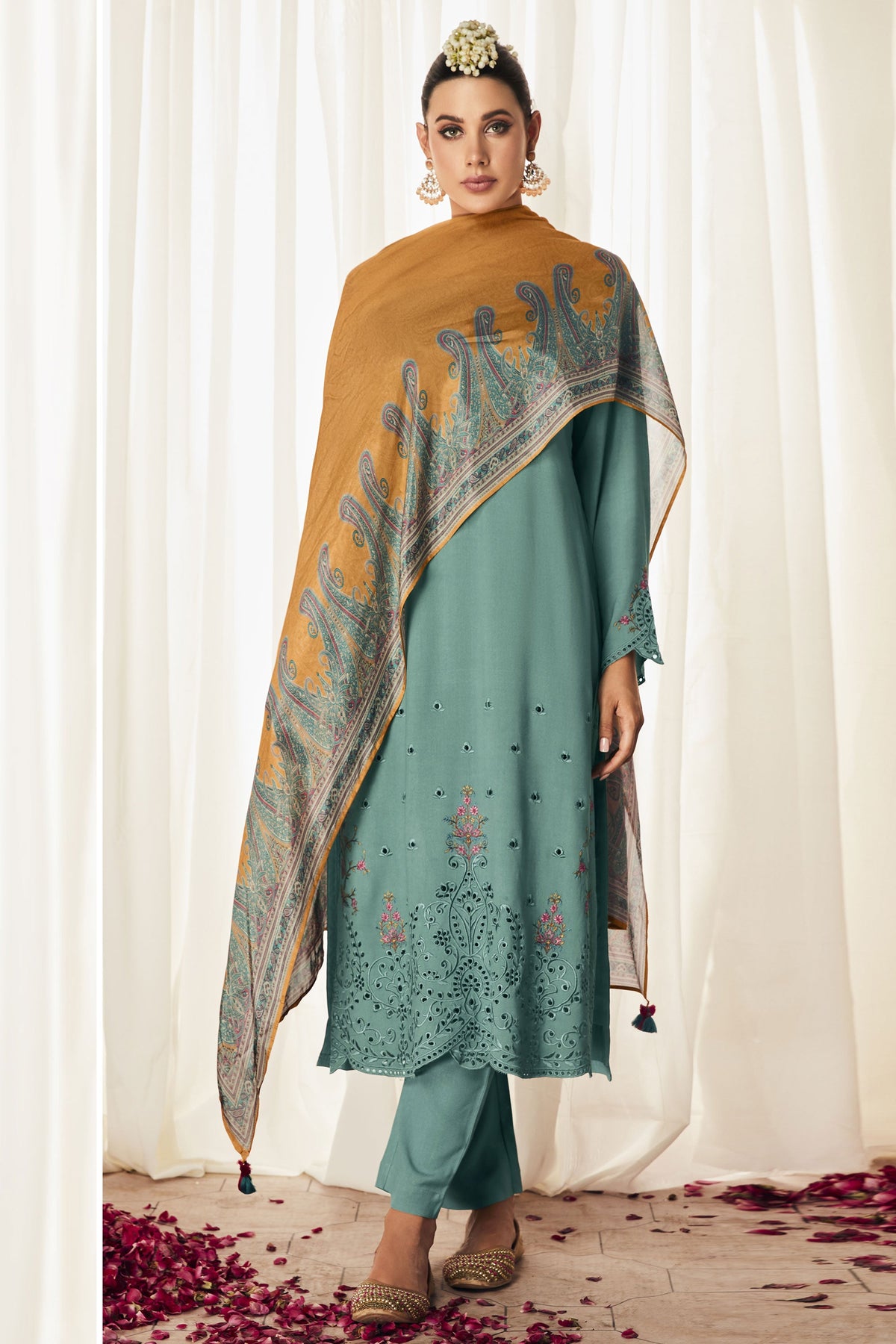 Cyan Embroidered Function Wear Art Silk Fabric Long Straight Cut Salwar Suit