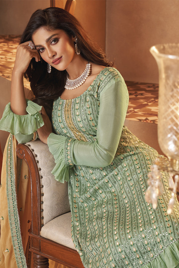 Sea Green Color Sangeet Wear Embroidered Fancy Georgette Fabric Sharara Dress