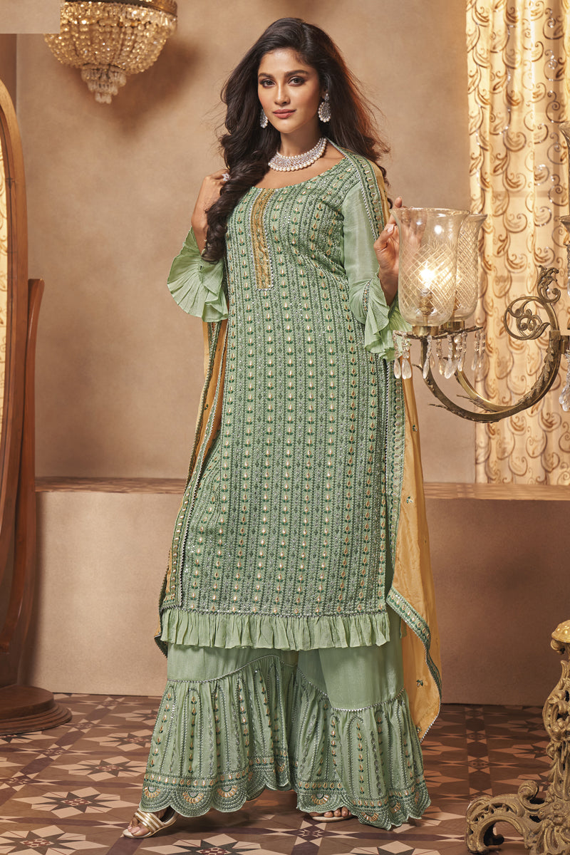 Sea Green Color Sangeet Wear Embroidered Fancy Georgette Fabric Sharara Dress