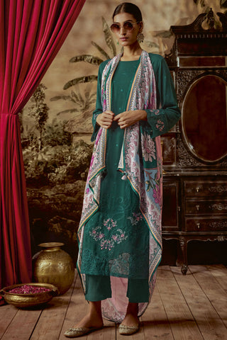 Art Silk Parsi Embroidered Function Wear Beautifull Teal Color Long Straight Cut Salwar Kameez